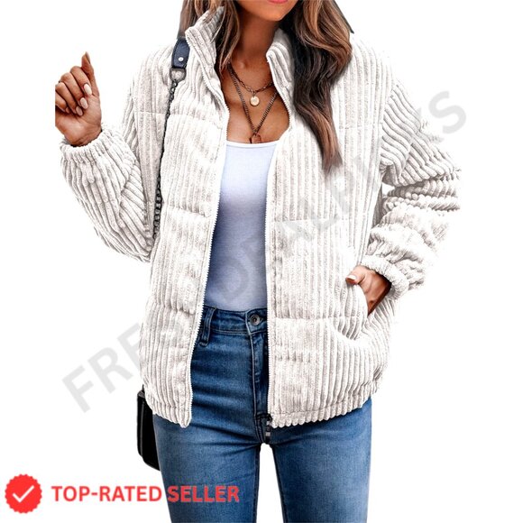 Women's Quilted Corduroy Bomber Jacket Oversized Fit Winter Coat with Pockets